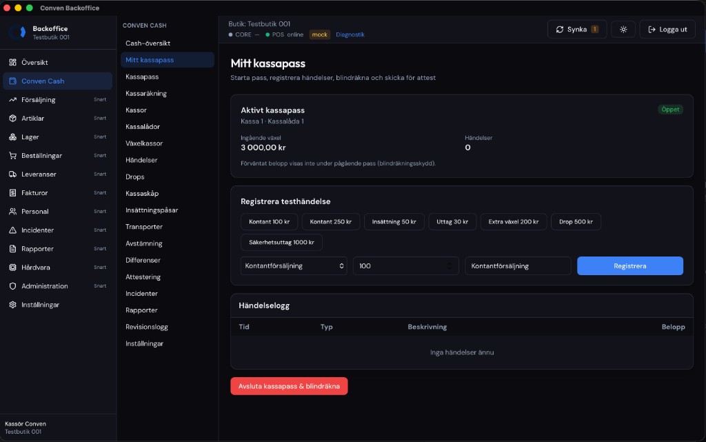 Conven Backoffice, mitt kassapass